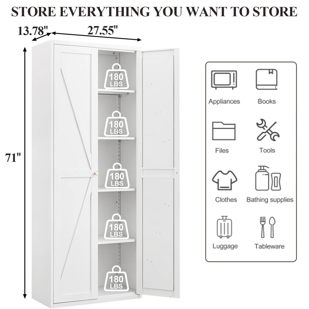 Aukfa 71" Freestanding Kitchen Pantry Storage Cabinet with 4 Adjustable Shelves, Metal Food Pantry Cupboard for Kitchen/Garage/Office, White