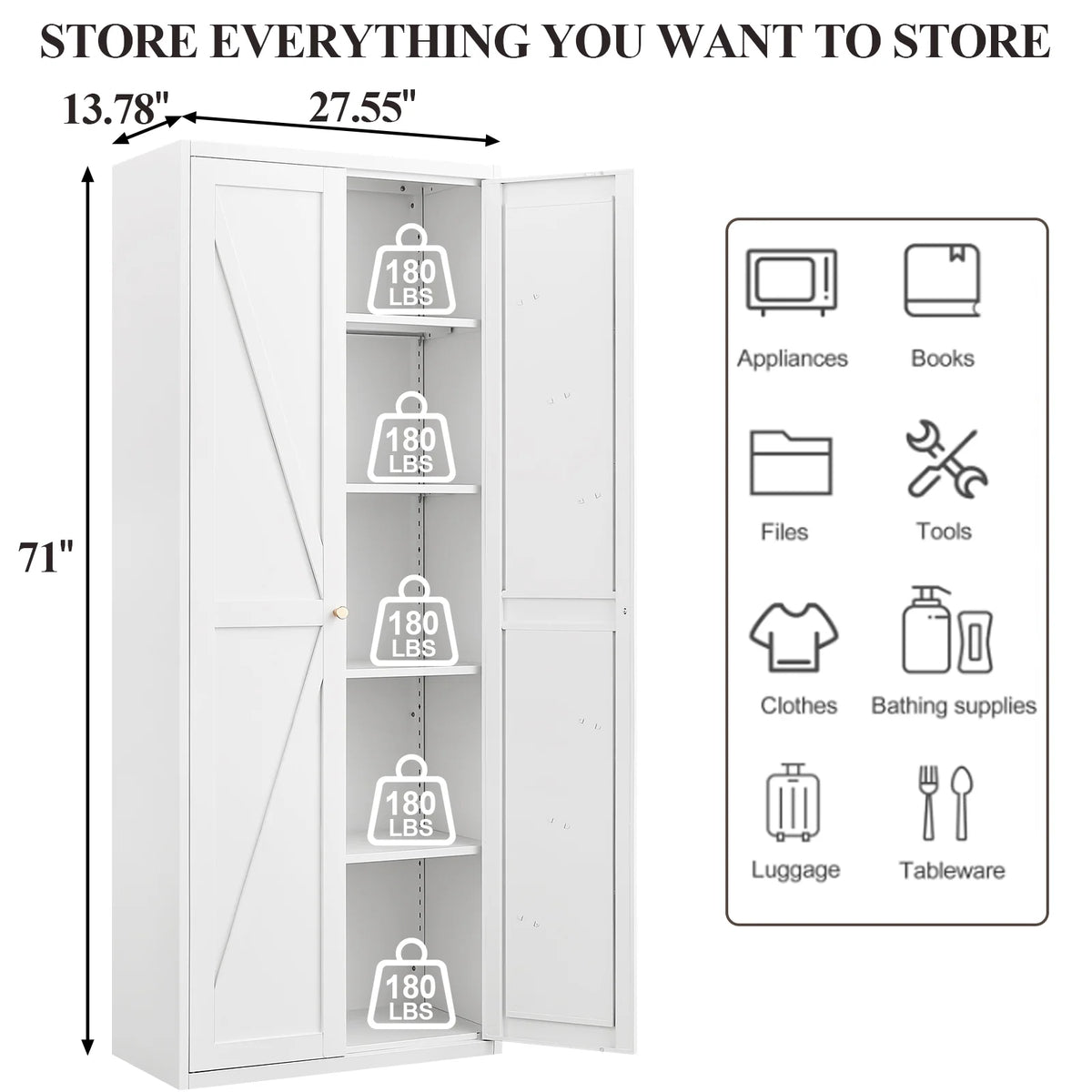 Aukfa 71" Freestanding Kitchen Pantry Storage Cabinet with 4 Adjustable Shelves, Metal Food Pantry Cupboard for Kitchen/Garage/Office, White