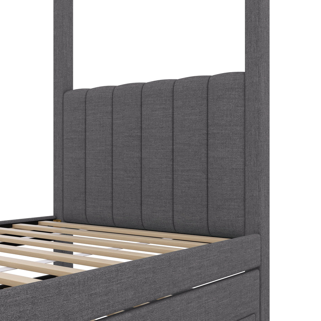 Harper & Bright Designs Twin Size Upholstery Canopy Platform Bed with Trundle and 3 Storage Drawers, Captain Platform Bed Frame with 4-Poster Canopy Roof, Beige