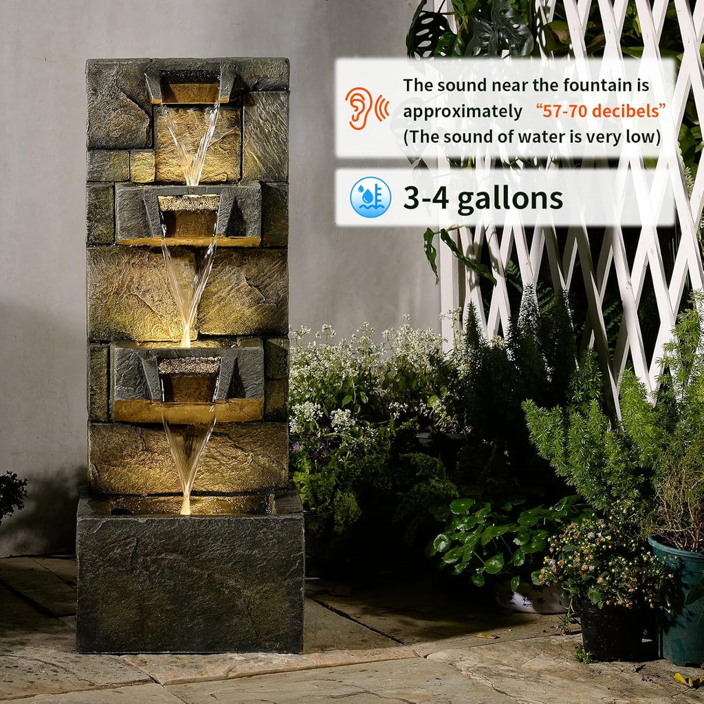 32.2" 3-Tier Outdoor Garden Water Fountain with LED Lights, Mossy Stone Cascading Resin Waterfall Feature for Patio, Yard, or Porch Decor