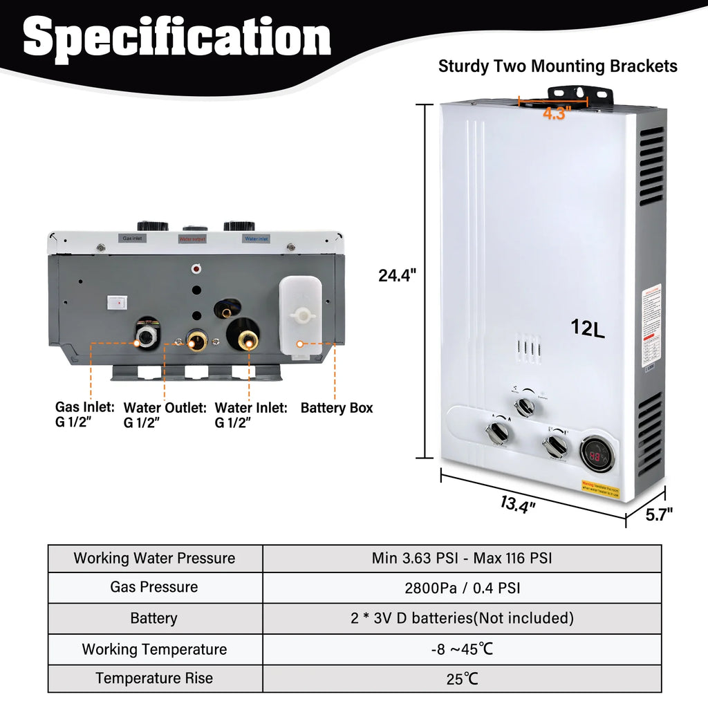 TCFUNDY 4.8 GPM 18L Tankless Water Heater LPG Liquid Propane Gas Instant Hot Boiler with Digital Display