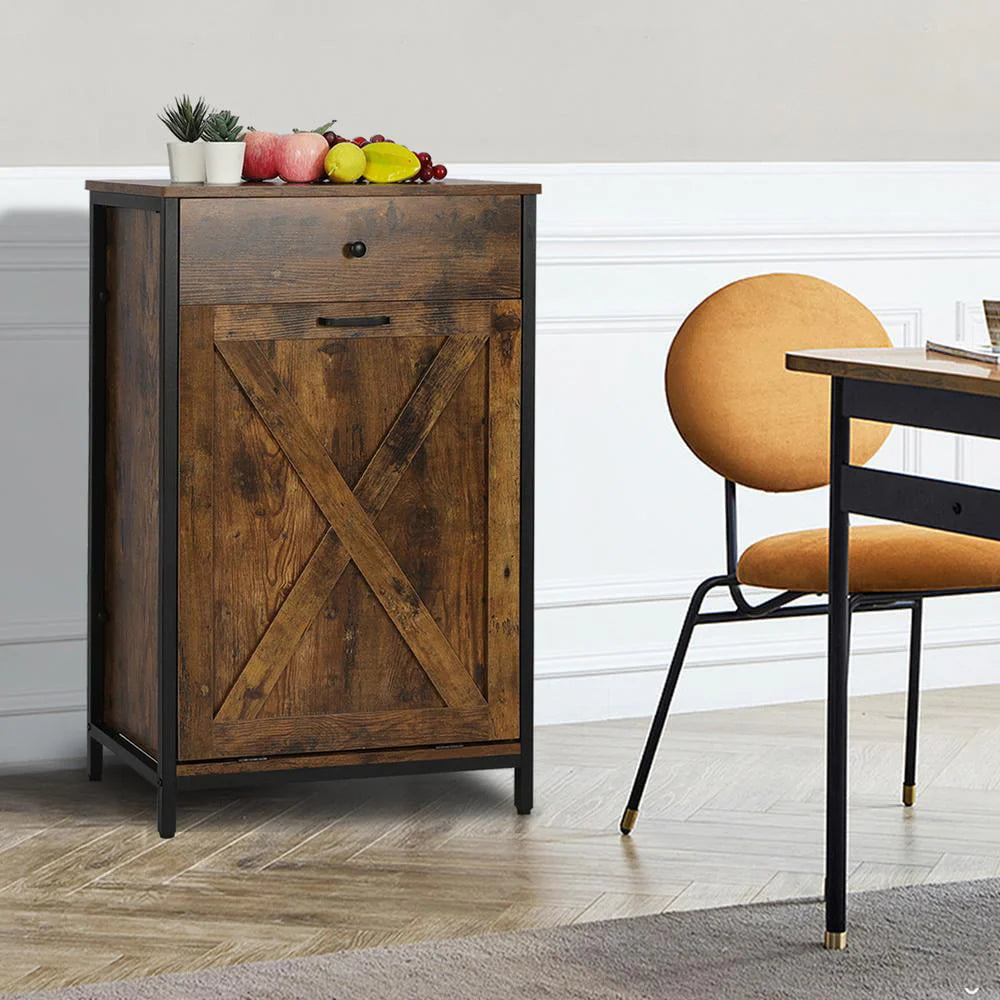 Eclife 10 Gallons Tilt Out Trash Cabinet Freestanding Floor Rustic Solid Wood Barn Door and Storage Drawer Kitchen Island
