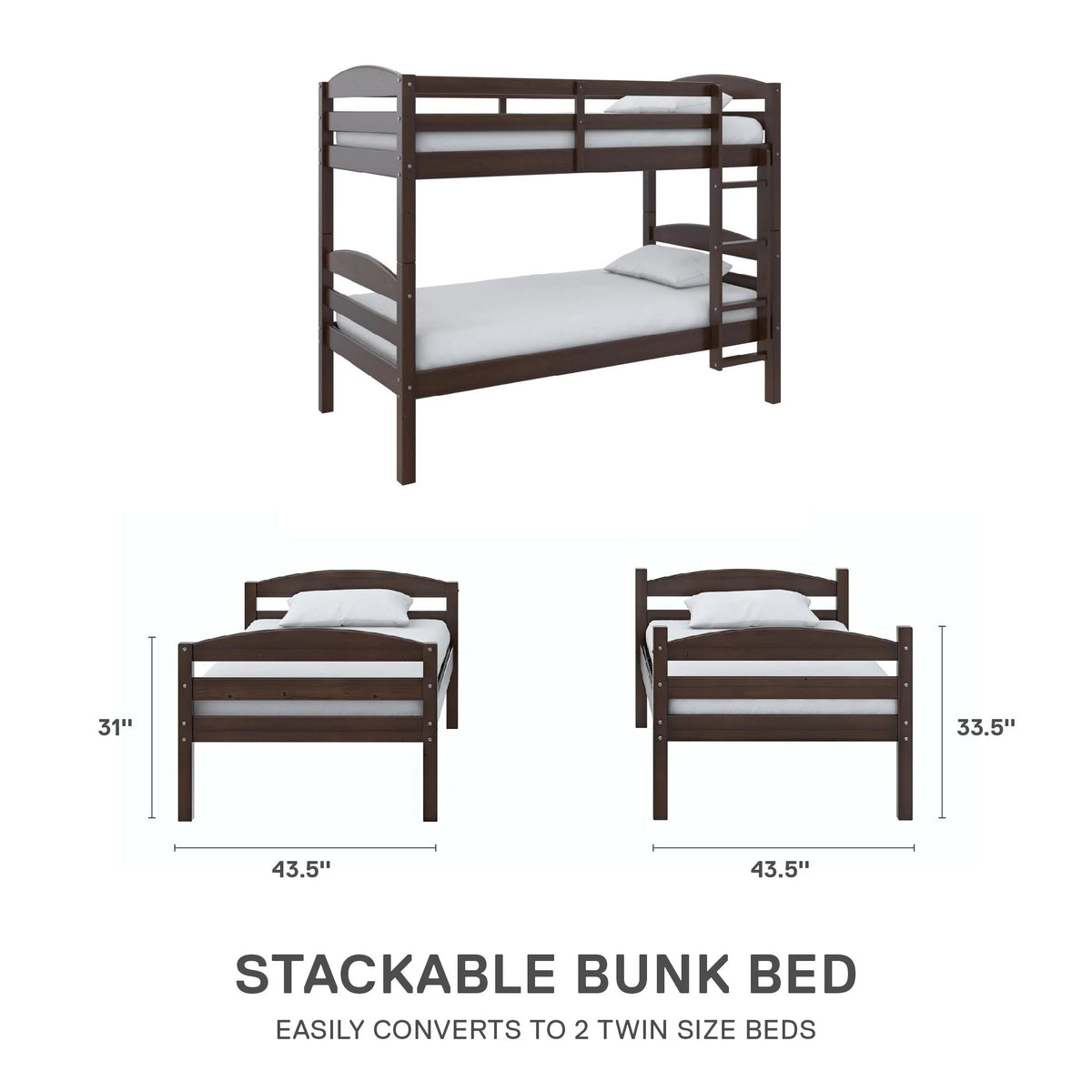 Better Homes & Gardens Leighton Solid Wood Twin-over-Twin Convertible Bunk Bed, Vanilla
