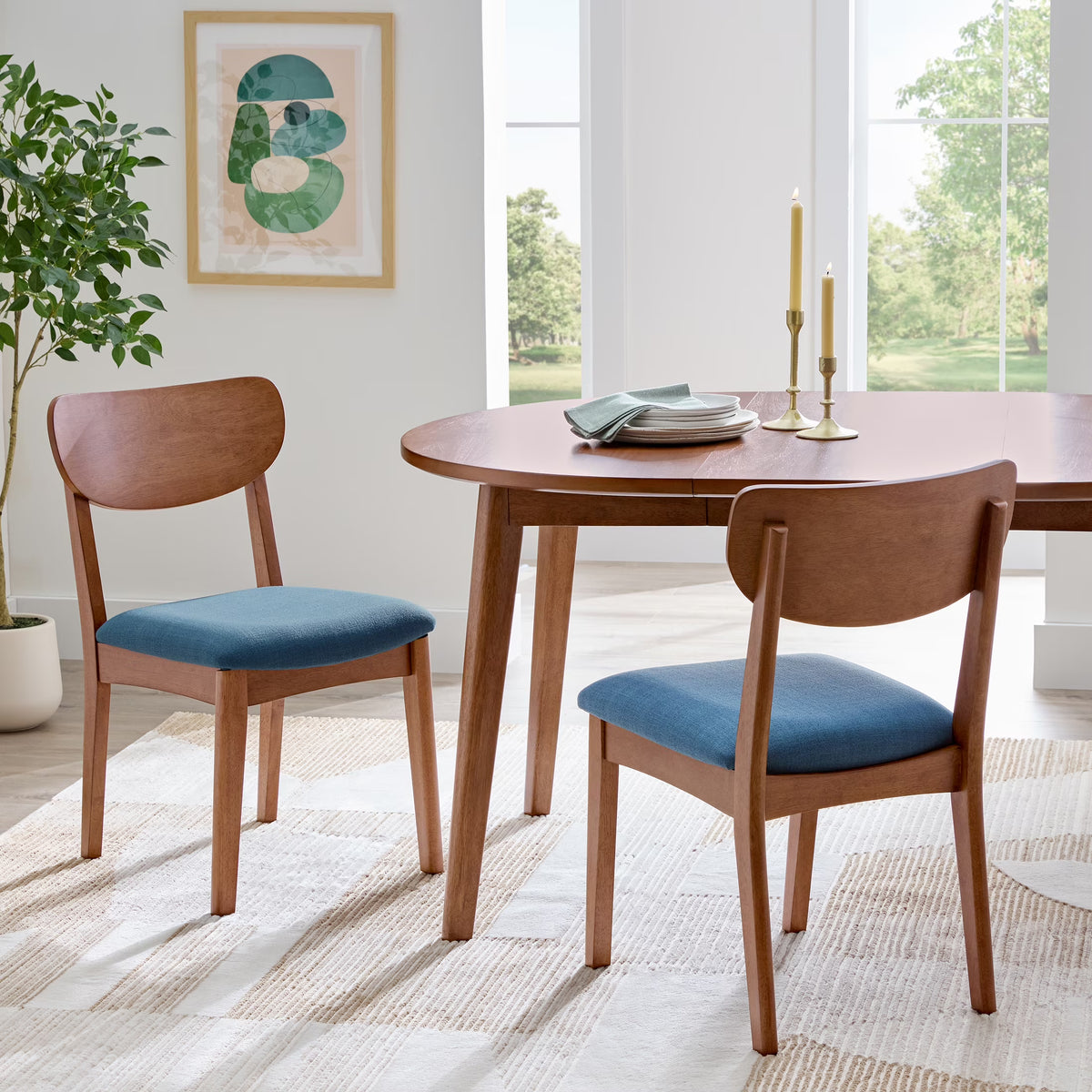 Better Homes & Gardens Greyson Mid-Century Dining Chairs, Black Faux Leather, Acorn Finish, Set of 2
