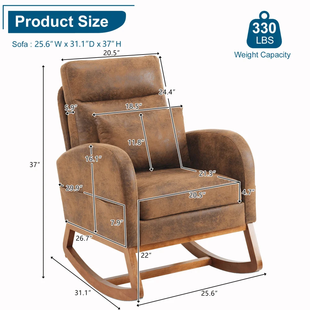 Hassch Upholstered Rocking Chair, Linen Fabric Glider Rocker with High Back, Accent Chair with Solid Wood Base, Reading Chair with Side Pocket for Living Room Bedroom Balcony, Gray