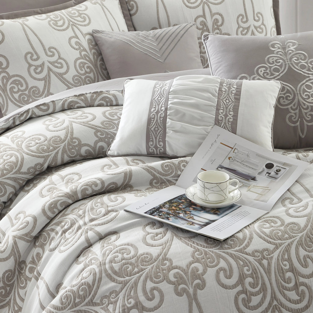 Lanco Smoke Grey Comforter Set California King Size, 9 Piece Jacquard Floral Bedding Set, All Season, Ultra-Soft, Matching Pillows & Shams, Bed Skirt