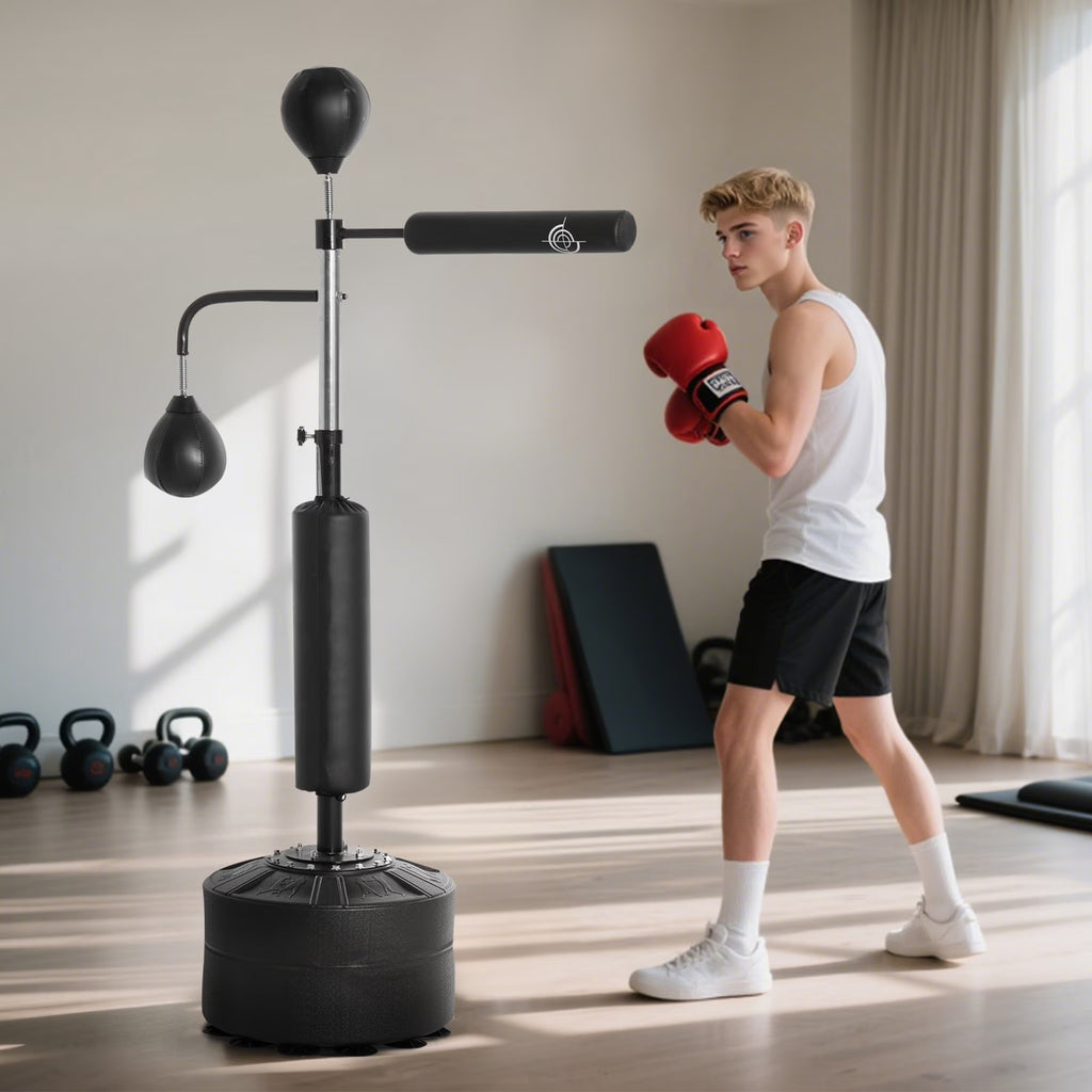 Soozier 4-in-1 Boxing Punching Bag Stand with 2 Speedballs, 360° Relax Bar, & PU-Wrapped Bag & Adjustable Height, Black