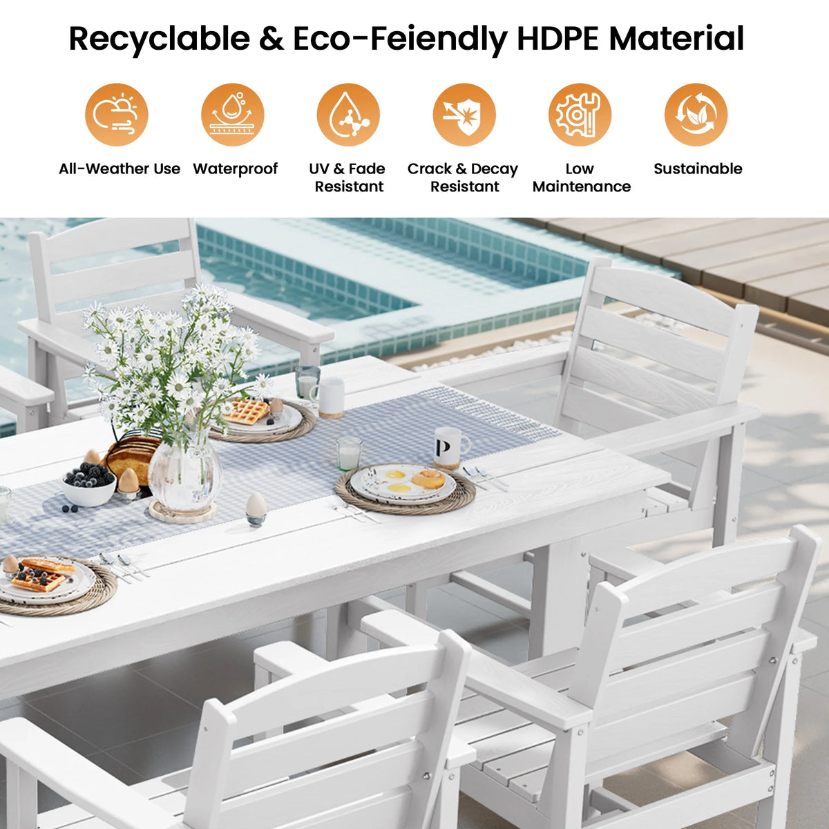 KINGYES 7-Piece Outdoor Dining Set, HDPE Patio Table and Chairs with Umbrella Hole, Gray