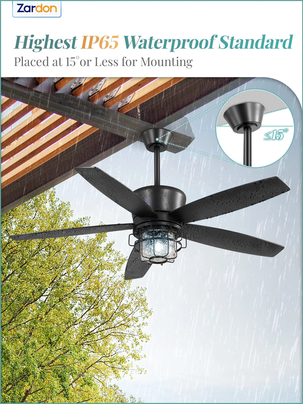 Zardon 20" Outdoor Ceiling Fan with Light and Remote, 7 Blades Caged Waterproof Gazebo Fan for Patio, Porch, Pergola Canopy, App Control