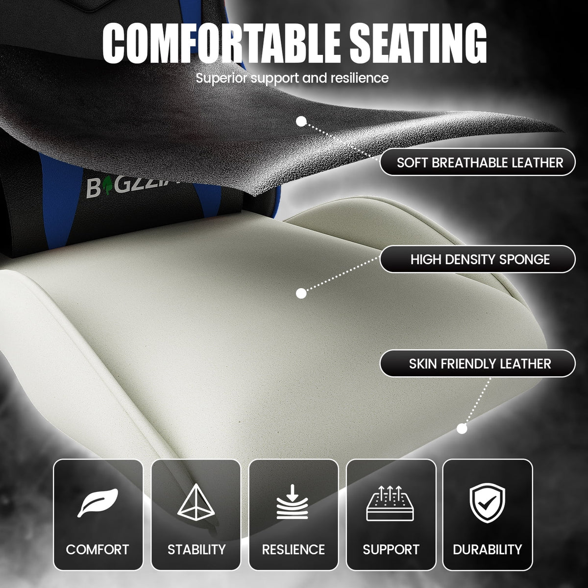 Bigzzia Gaming Chair Office Chair, Ergonomic Game Chair with Height Adjustable Headrest and Lumbar Support for Adults Teens, Black & White