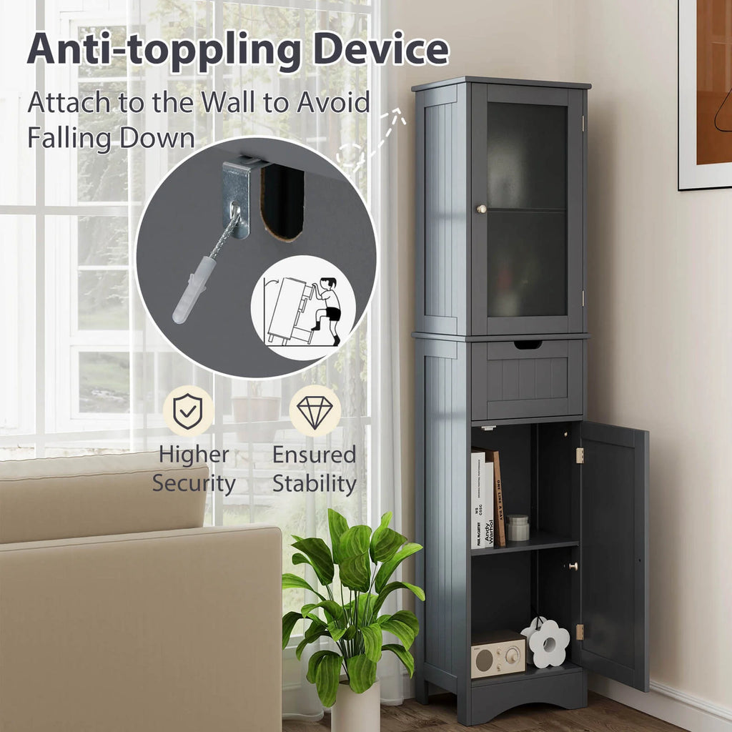 Costway Tall Bathroom Cabinet with Adjustable Shelves Deep Drawer for Living Room Black