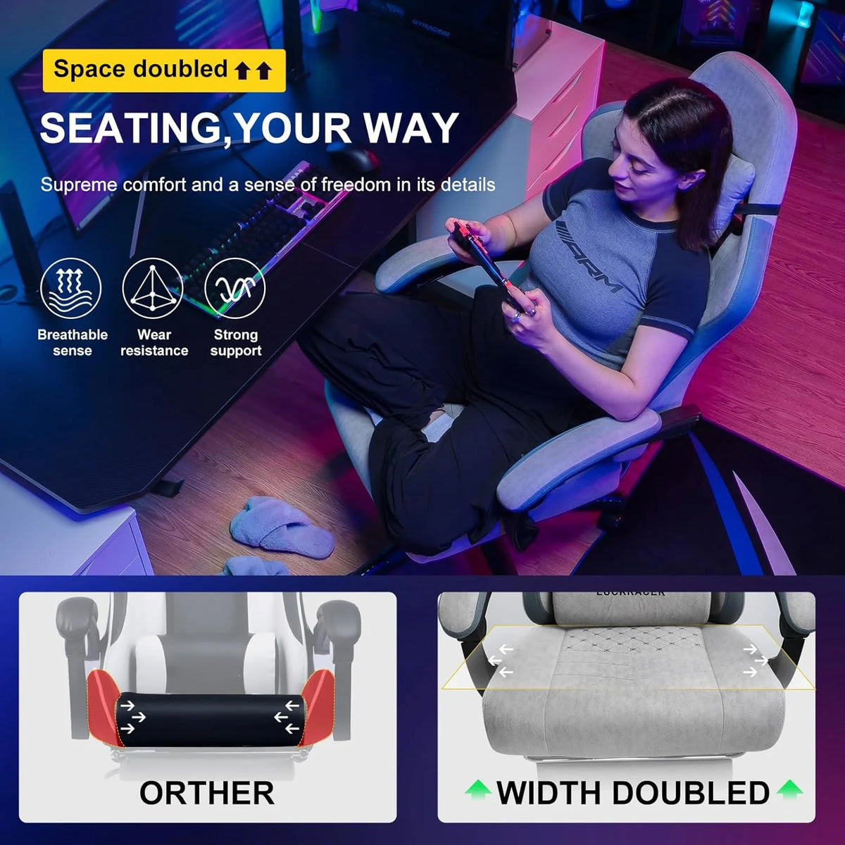 GTPLAYER Ergonomic High Back Pocket Spring Cushion Gaming Chair with Footrest & Linkage Armrests, Black