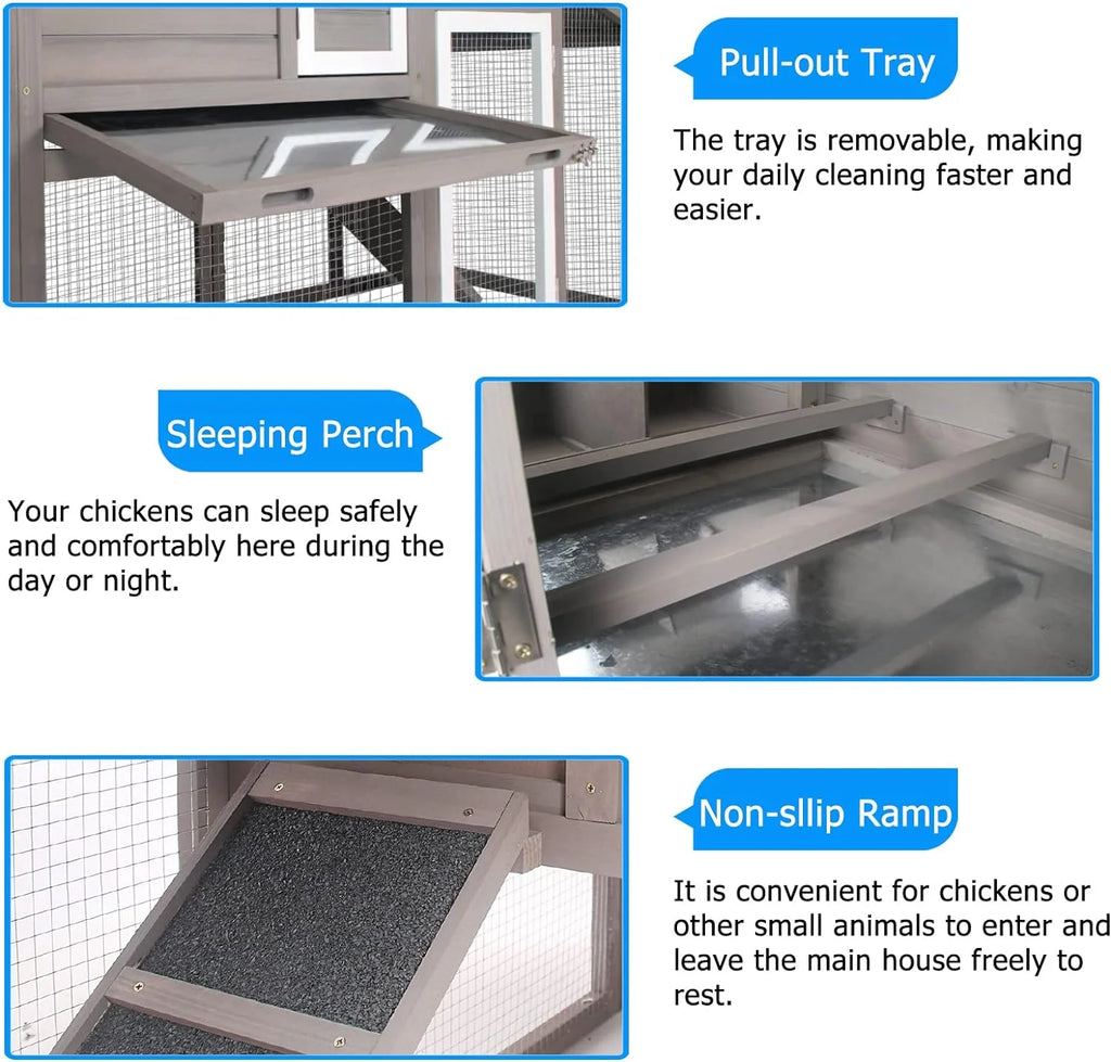 PETSCOSSET Chicken Coop with Run Large Wooden Chicken Tractor with Wheels Waterproof Outdoor Hen House Poultry Cage, Gray