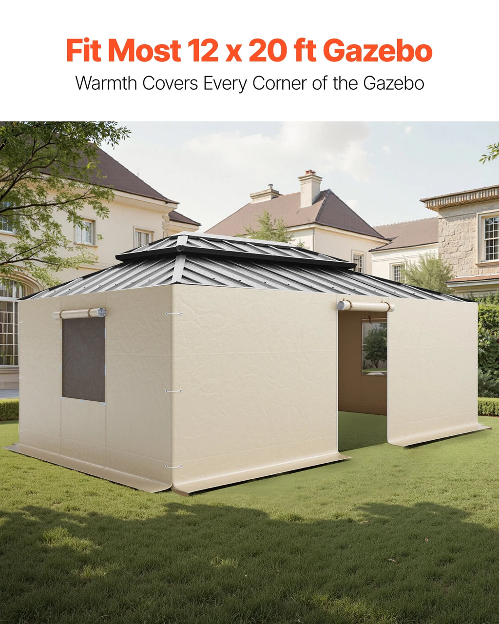 VEVOR Gazebo Sidewall Fits 12 x 20 ft Gazebos, 4-Panel Winter Cover Side Walls for Hardtop Gazebo, High-Density PE Material, All Weather Outdoor Cover with Mesh Windows, Gazebos not Included