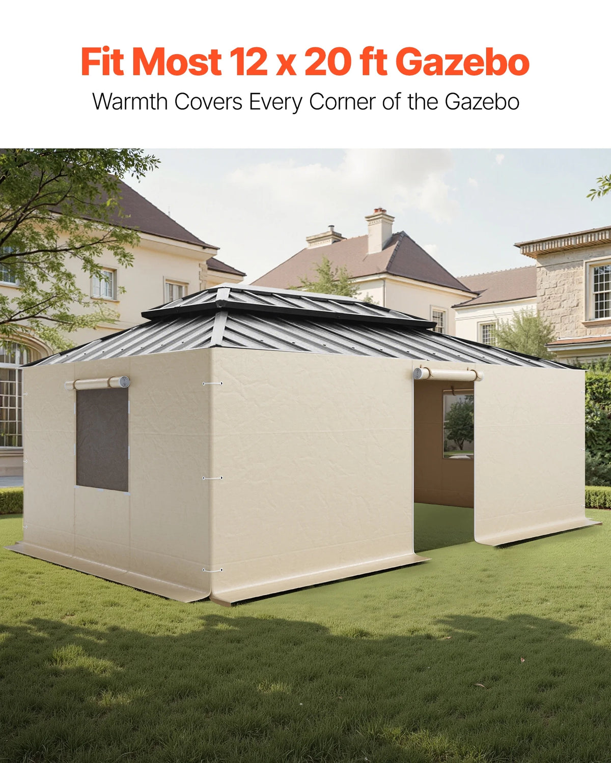 VEVOR Gazebo Sidewall Fits 12 x 20 ft Gazebos, 4-Panel Winter Cover Side Walls for Hardtop Gazebo, High-Density PE Material, All Weather Outdoor Cover with Mesh Windows, Gazebos not Included