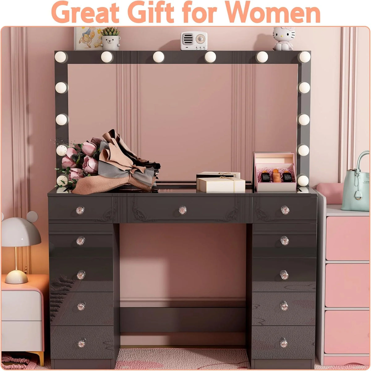 Linor Modern Adult Vanity Desk Set with Mirror, 14 LED Lights, 11 Drawers, Glass Top, White