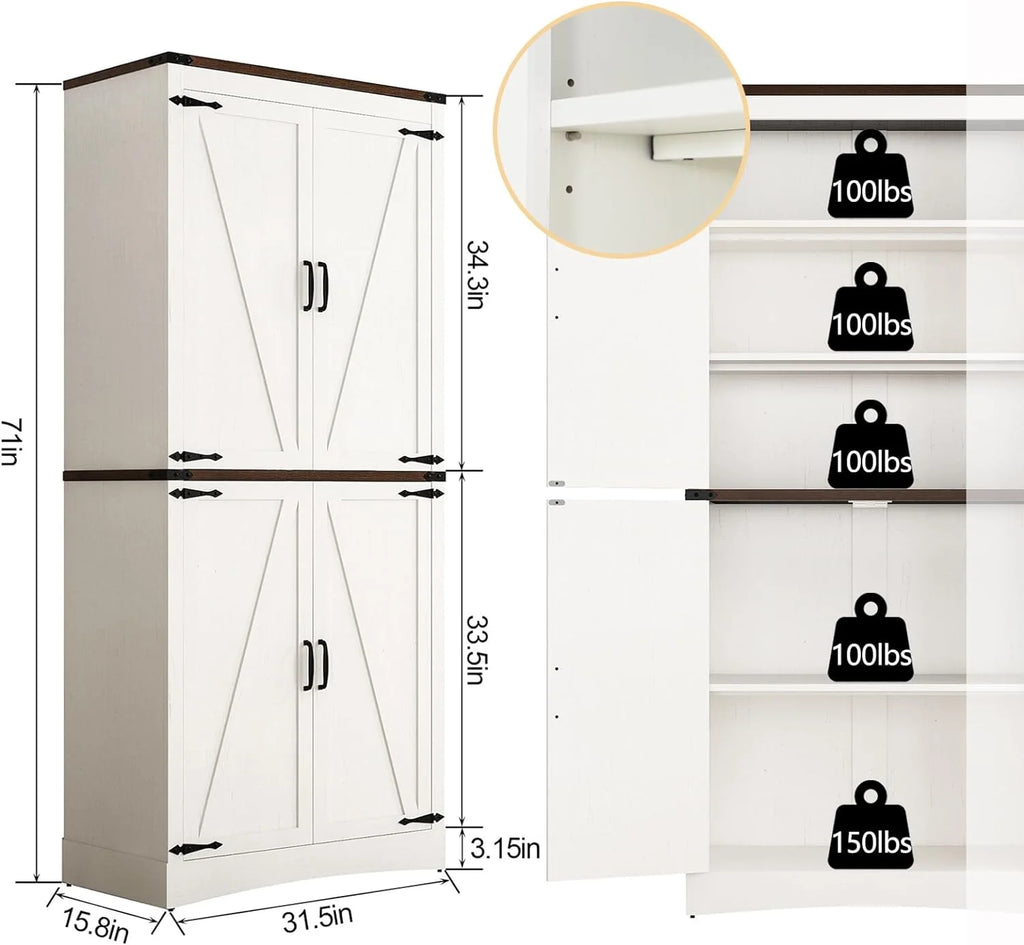 71" Tall Farmhouse Kitchen Pantry Cabinet, 5 Layers Storage Cabinet with Adjustable Shelves, Farmhouse Pantry Cabinet with 4 Barn Doors for Kitchen, Dining Room, Bathroom, Living Room, Rustic White