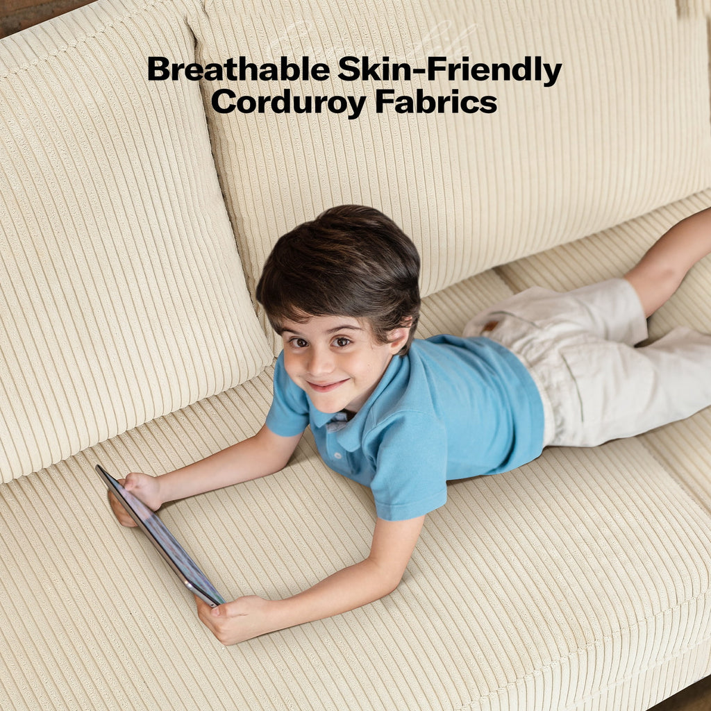 87" Corduroy Sofa,3 Seater Sofa with Extra Deep Seats,Neche Comfy Upholstered Couch for Living Room,2 Pillows,Green
