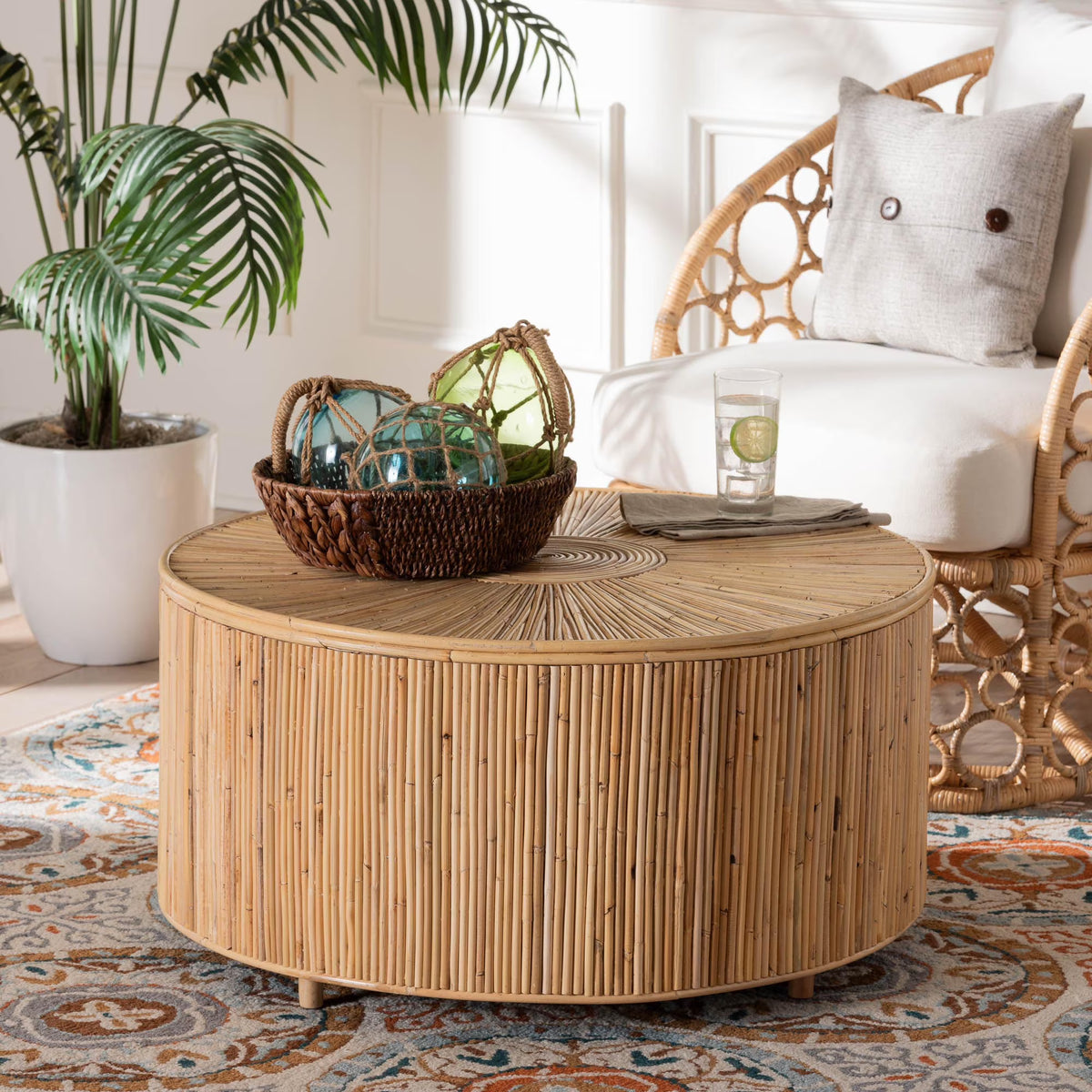 bali & pari Miami Boho Coffee Table, Natural Rattan, Light Honey