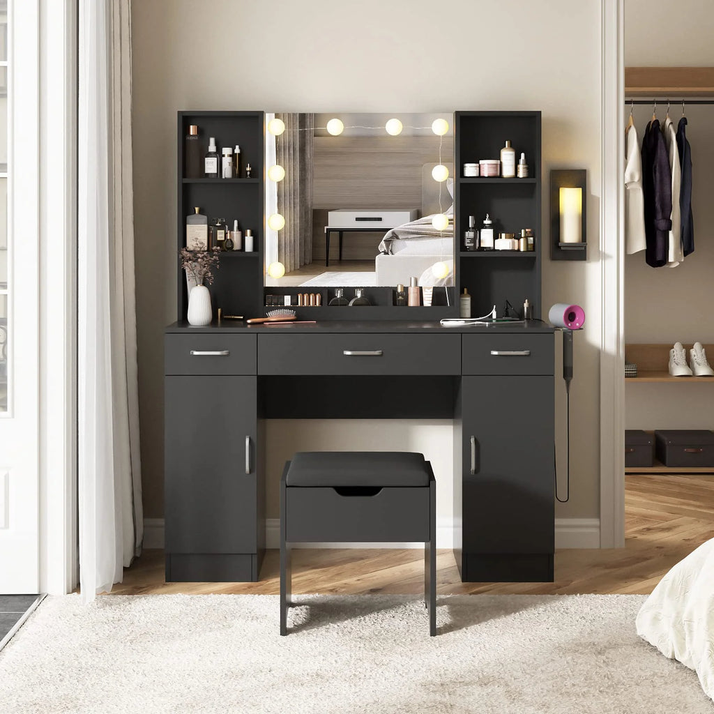 VEANERWOOD Large Makeup Vanity Set with Light Modern Makeup Vanity Table with Storage and Adjustable Lighting Colors for Bedroom 45.2in, White
