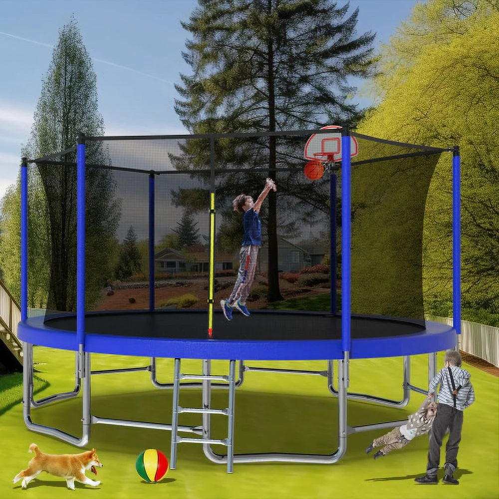16FT Trampoline for Kids and Adults,Outdoor Large Recreational Trampoline with Ladder and Basketball Hoop,Blue