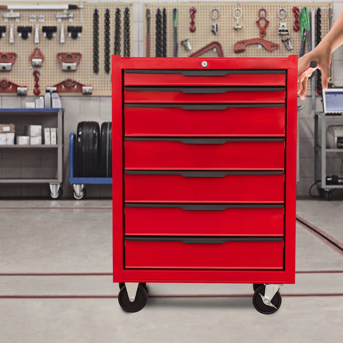 Seizeen Rolling Tool Chest on Wheels, Metal Tool Cart Toolbox Storage Cabinet Organizer W/ 7 Drawers, Red