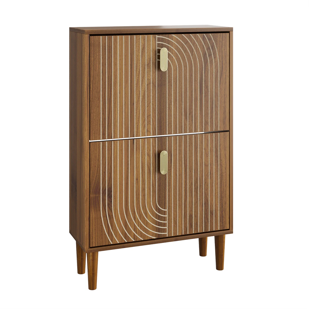 Hommoo 2 Flip Drawers Shoe Storage Cabinet, Freestanding Shoe Cabinet with Metal Handles & line groove design, Shoe Rack Cabinet, Walnut