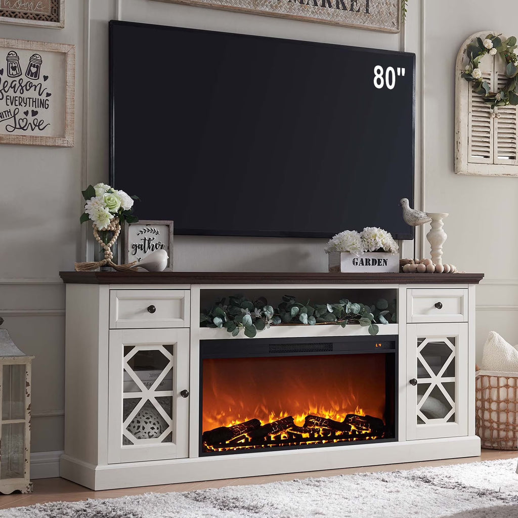 SinCiDo Farmhouse Fireplace TV Stand 75 Inch, Electric Fireplace TV Stand Up to 80 Inch TVs, Entertainment Center with Fireplace for Living Room