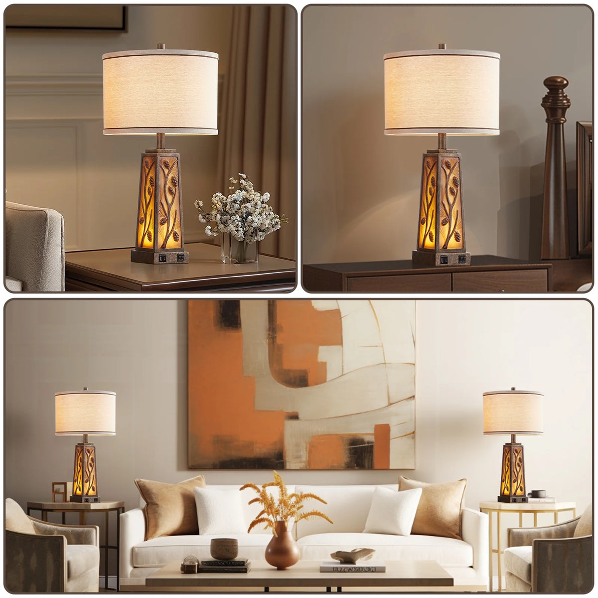 RORIA 24a?? Modern Living Room Table Lamp 2-Piece Set with 2 USB Charging Ports, Built-in White Frosted Glass with Night Light, Black Vintage Rustic Farmhouse Lamp for Bedroom Nightstand Lamps