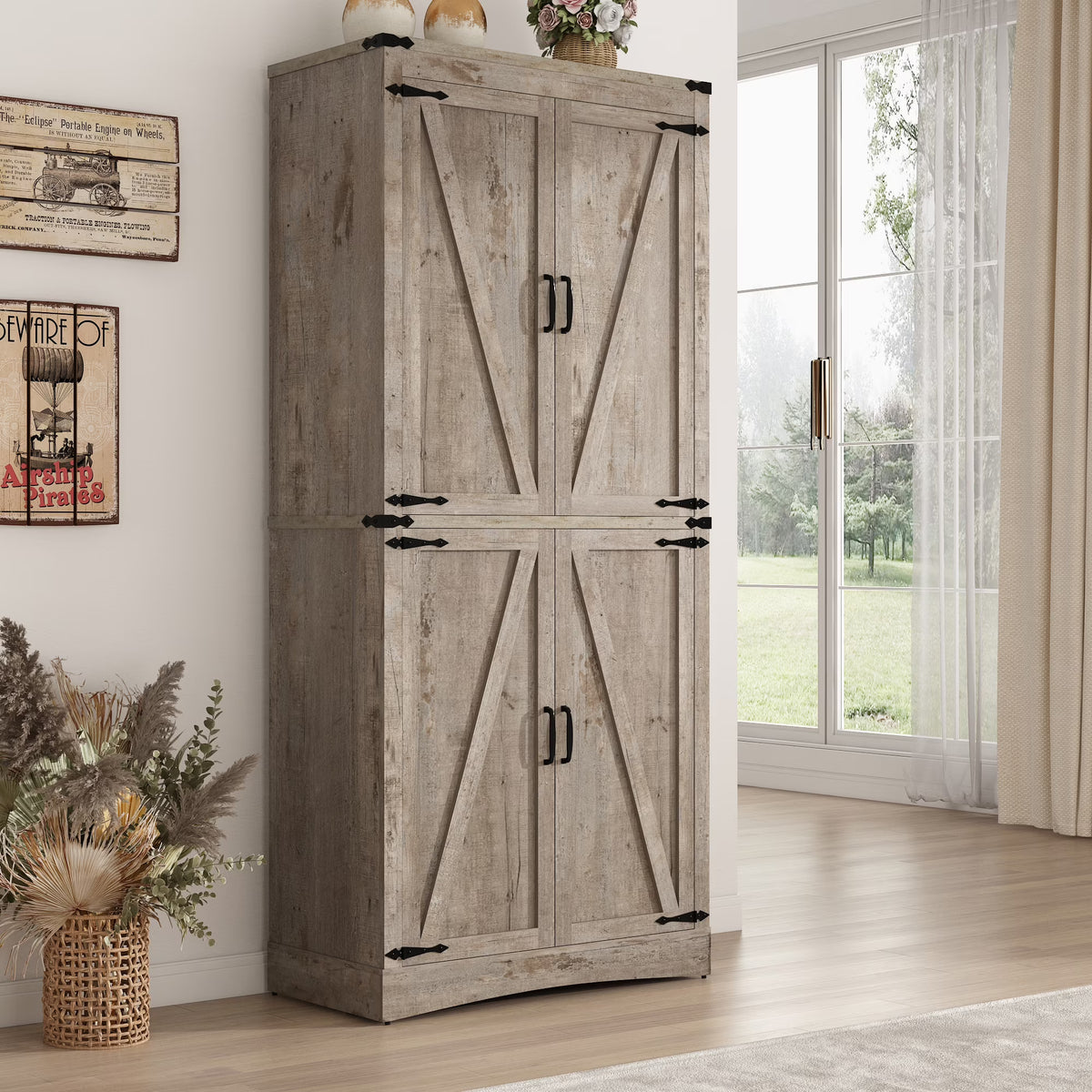 71" Tall Farmhouse Kitchen Pantry Cabinet, 5 Layers Storage Cabinet with Adjustable Shelves, Farmhouse Pantry Cabinet with 4 Barn Doors for Kitchen, Dining Room, Bathroom, Living Room, Rustic White