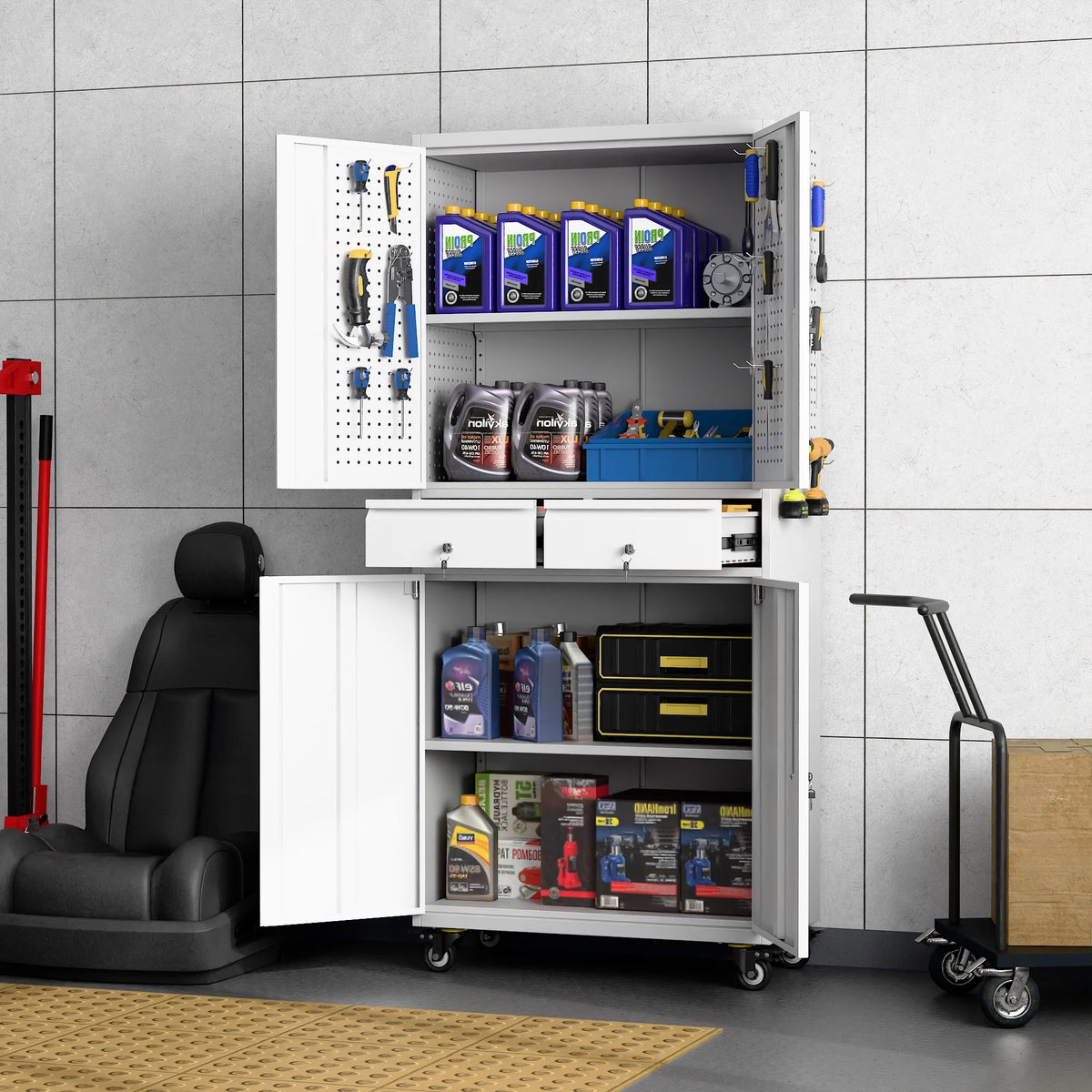 SUPEER 71" Metal Storage Cabinets with Wheels and Pegboards, Industrial Cabinet with 2 Drawers and 2 Adjustable Shelves,, Assembly Required