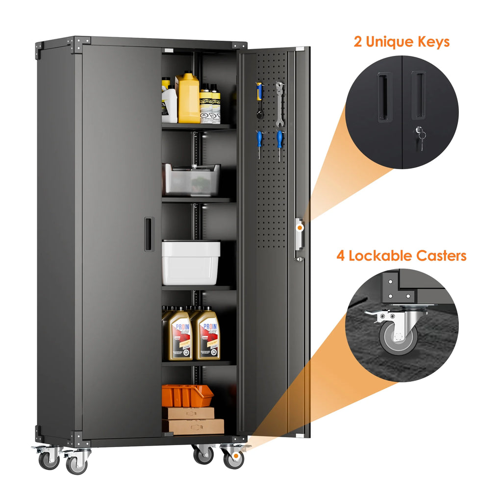 Aobabo Metal Storage Cabinet with Lock,Garage Storage Cabinet with Wheels,72In Steel Storage Cabinet for Garage Home Storage, Black Required-Assembly