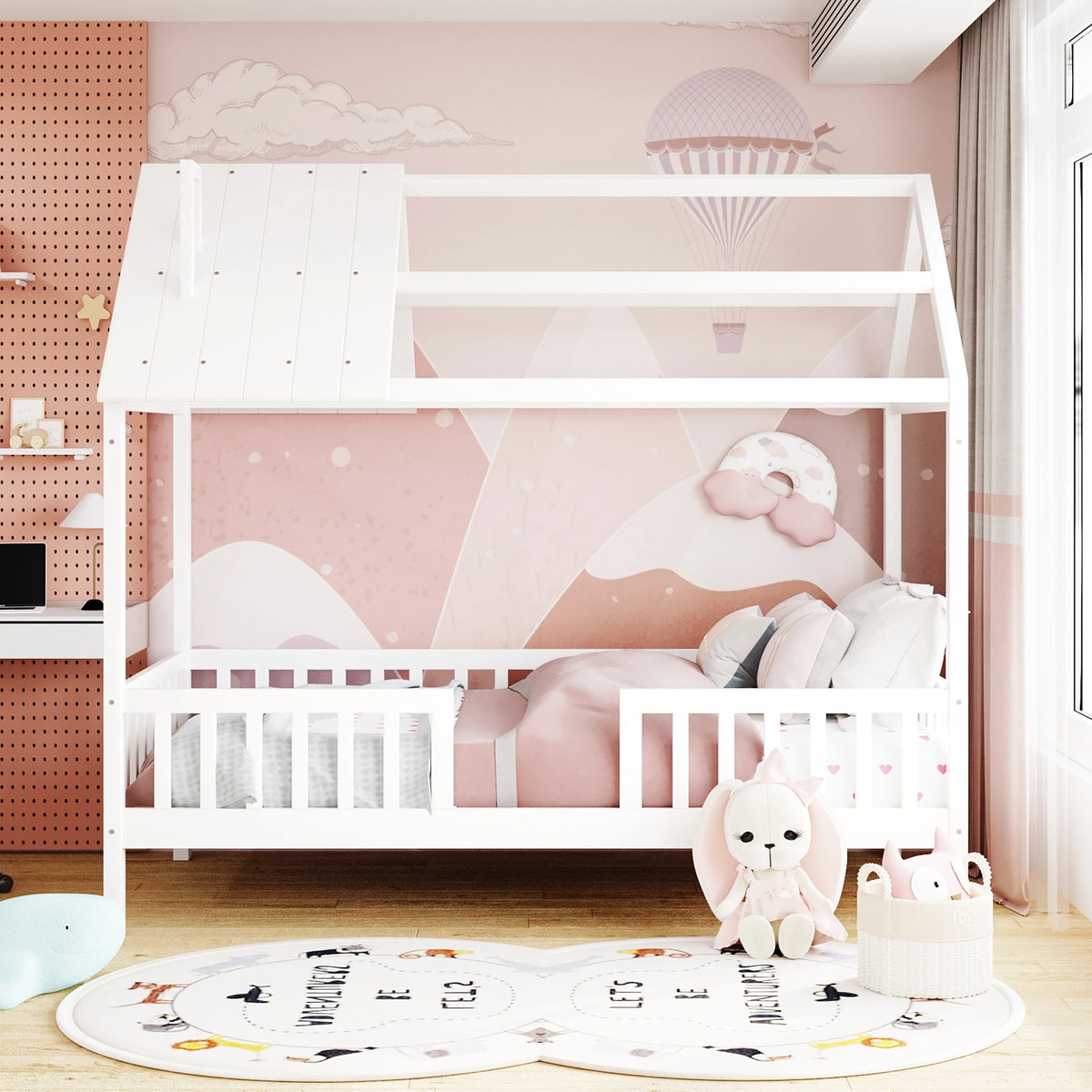 Euroco Twin Size Platform Bed, House Bed with Fence for Kids, Gray