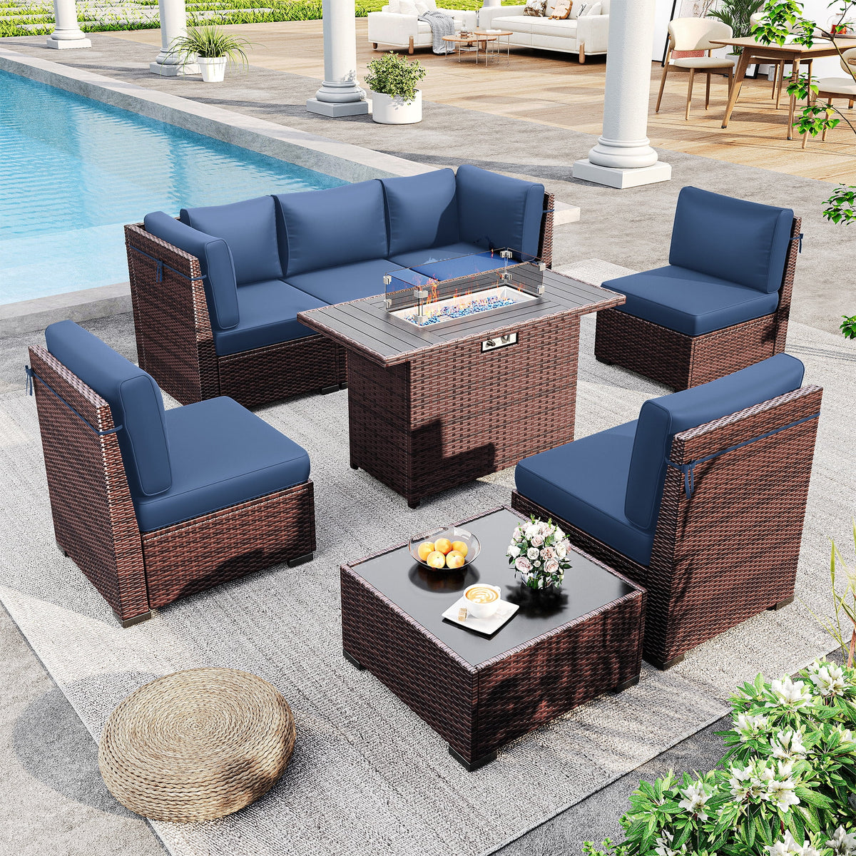 MRUAKA 8 Pieces Patio Furniture Set with Fire Pit Table, Outdoor Furniture Sectional Rattan Sofa with Slanted Back, Patio Couch with Glass Coffee Table for Backyard Garden (Dark Grey)
