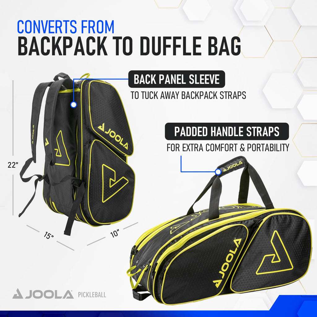 JOOLA Tour Elite Pickleball Bag, Backpack, Duffle Bag for Pickleball and Racket Sports, Black/Yellow