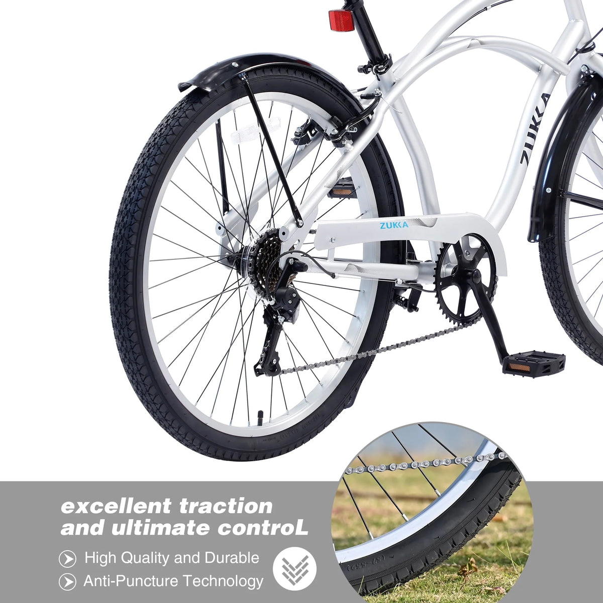 7 Speed Cruiser Bike for Men Women, 26 inch Adult Cruiser Bike, Silver