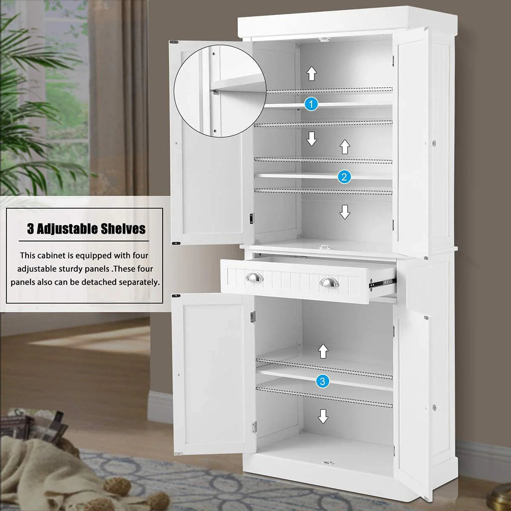 Yoleny Kitchen Pantry, 72” Freestanding Storage Cabinets with Doors and Shelves, Elegant Colonial Design Cabinet Cupboard, White