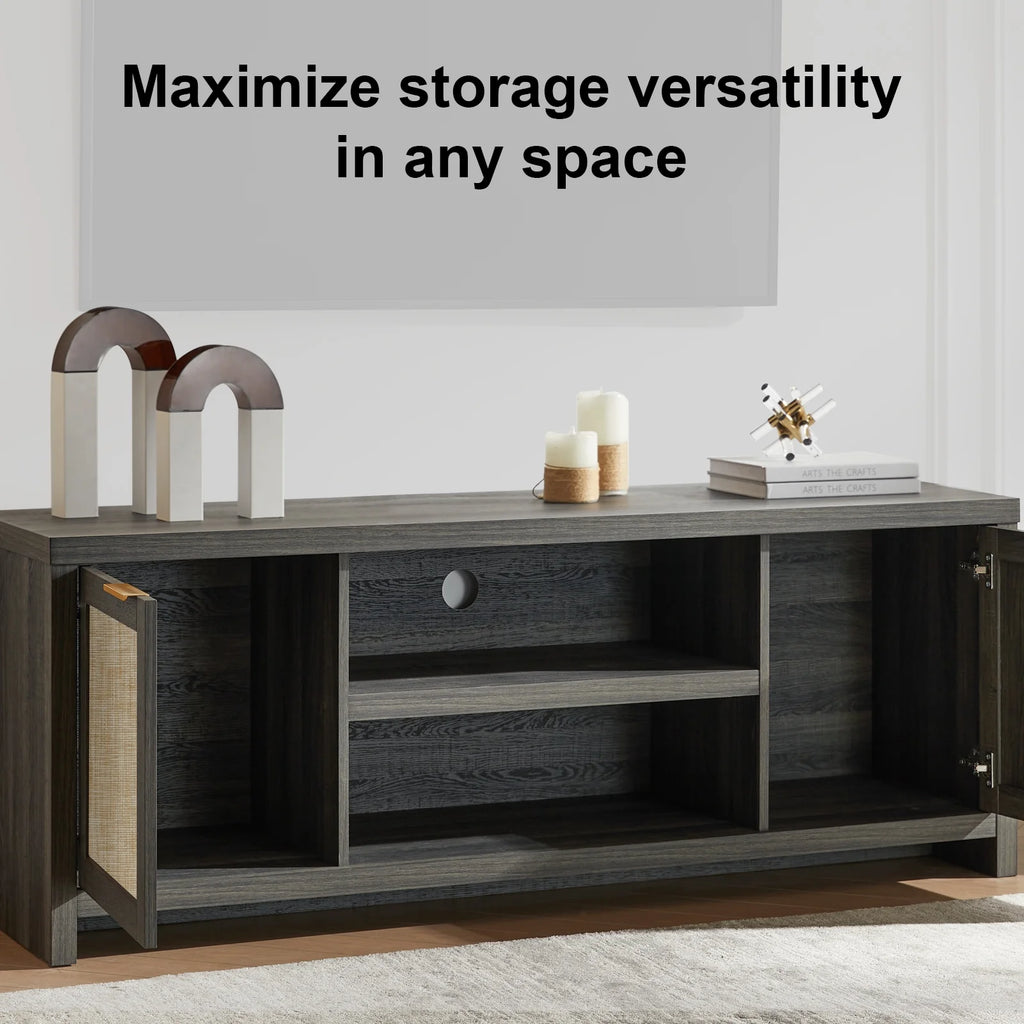 OAKHAM Rattan Tv Stands for 65 Inch Tv, Modern Farmhouse Entertainment Center, TV Console Table with Storage, Wood Media Console with Cabinet, Special Walnut
