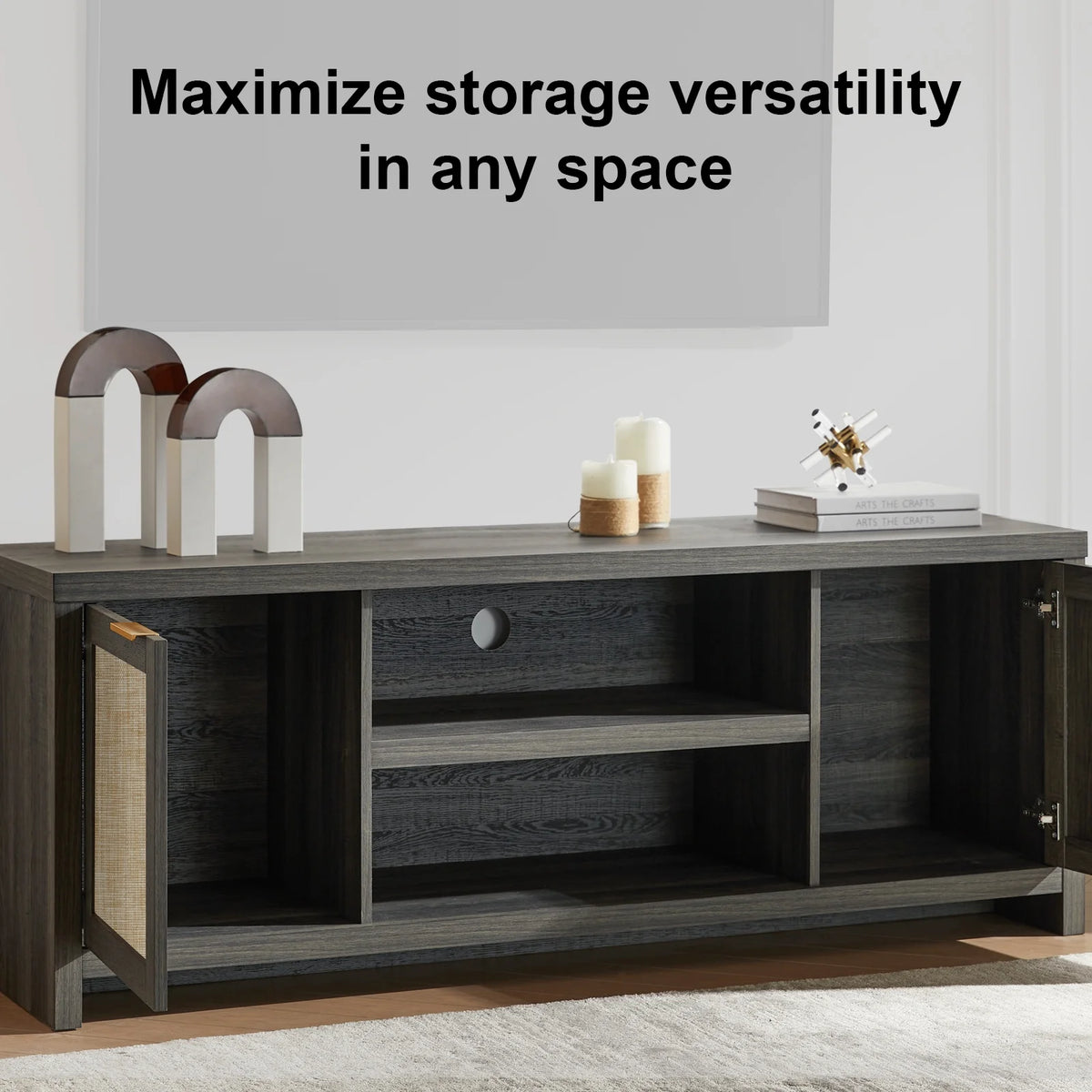 OAKHAM Rattan Tv Stands for 65 Inch Tv, Modern Farmhouse Entertainment Center, TV Console Table with Storage, Wood Media Console with Cabinet, Special Walnut