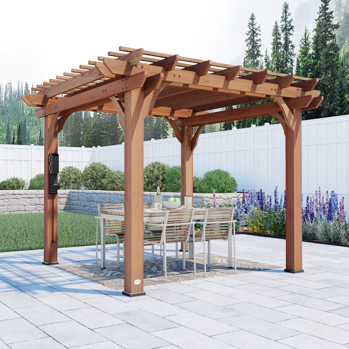 Backyard Discovery Beaumont 10'x10' Cedar Wood Patio Pergola Kit, Trellis Roof, PowerPort