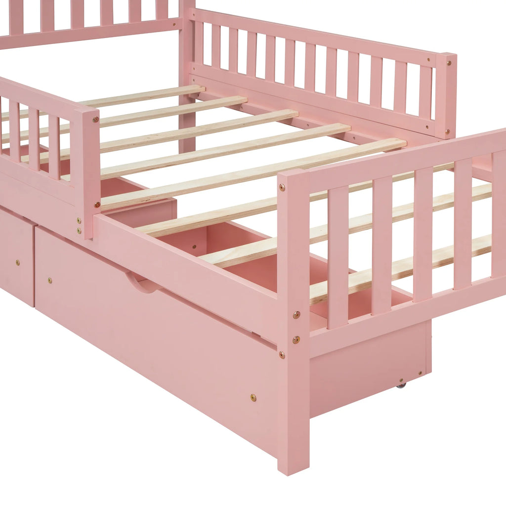Bellemave Twin Bed with Storage Drawers and Fence Rails, Wood Platform Beds Frame with Headboard, Twin Size Storage Bed for Kids Boys Girls Teens��White)