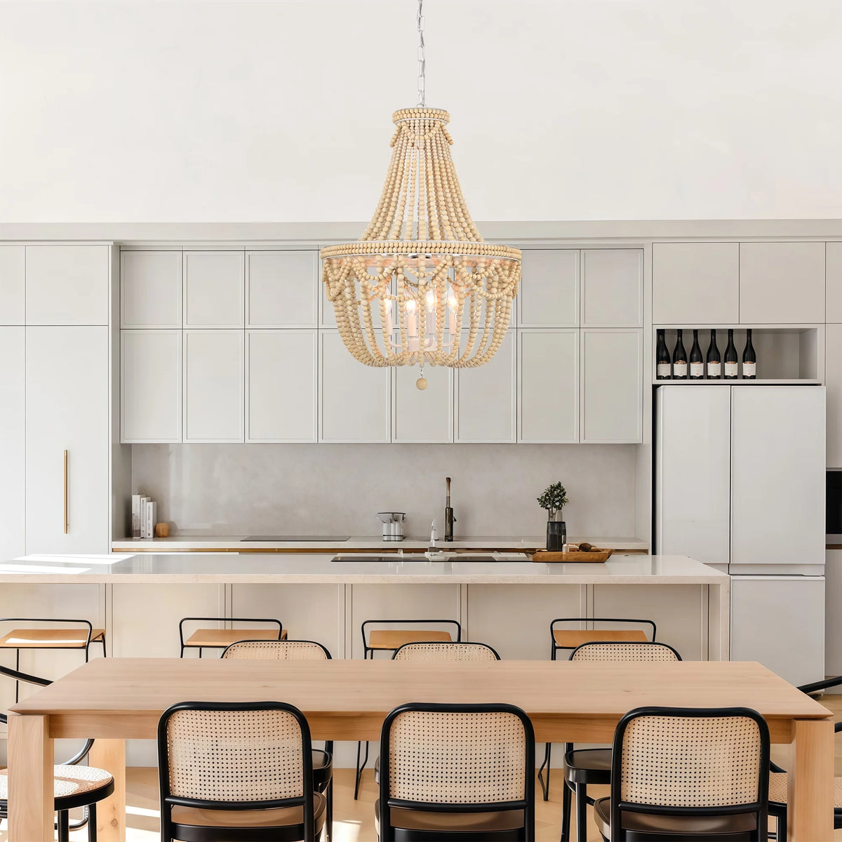 Boho Wood Bead Chandelier 4-Light Rustic Farmhouse Pendant Light for Dining Room or Kitchen Island