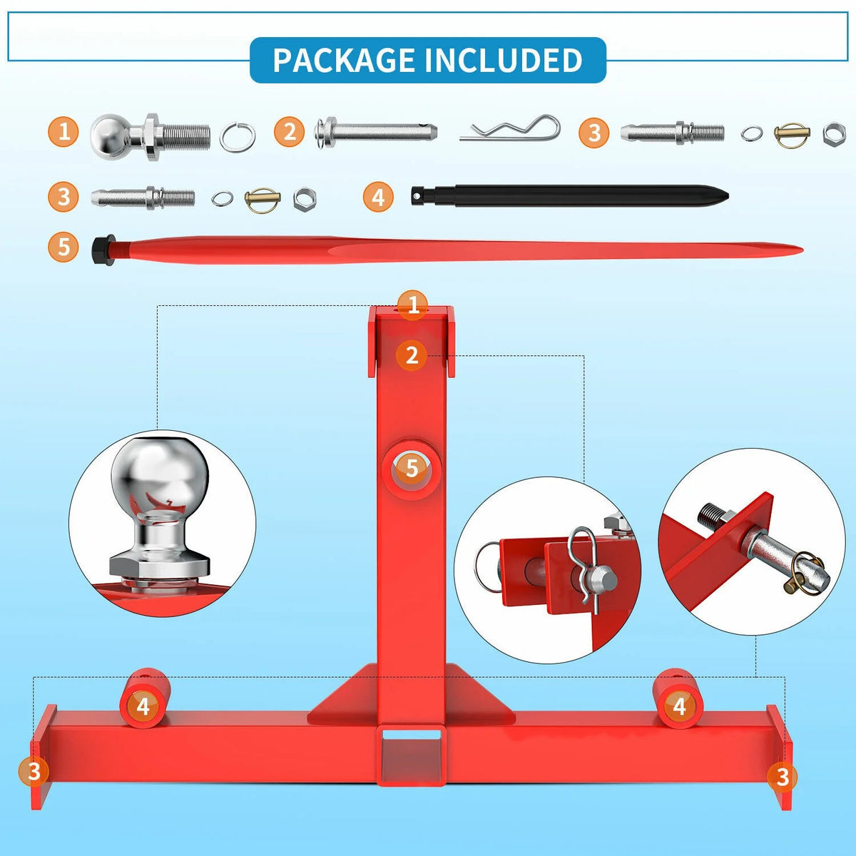 RVNI Tractor Attachments 3 Point Hay Bale Spear Trailer Hitch Receiver Cat 1 Tractor Lift Capacity 3000lb With Gooseneck Ball