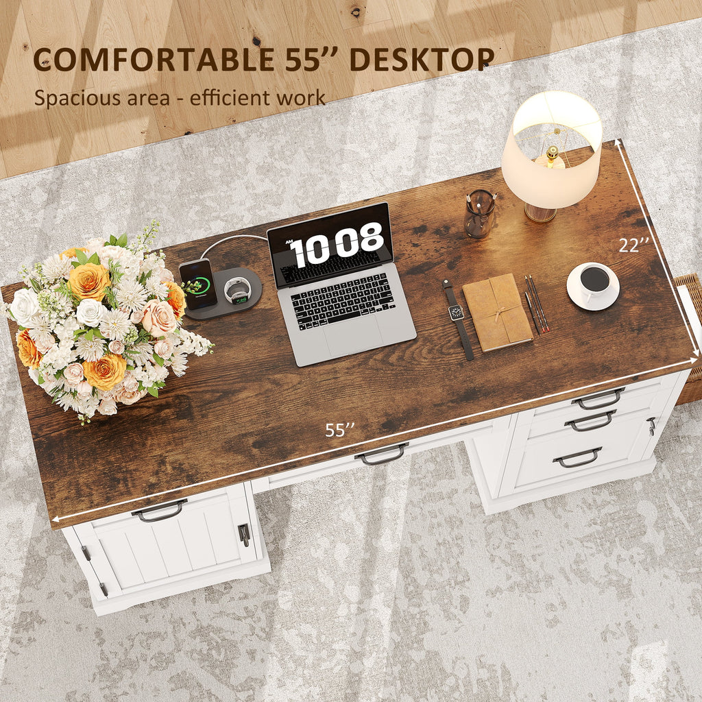 Whalefall 55 in Farmhouse Executive Desk with File Drawer for Adult Home Office, White