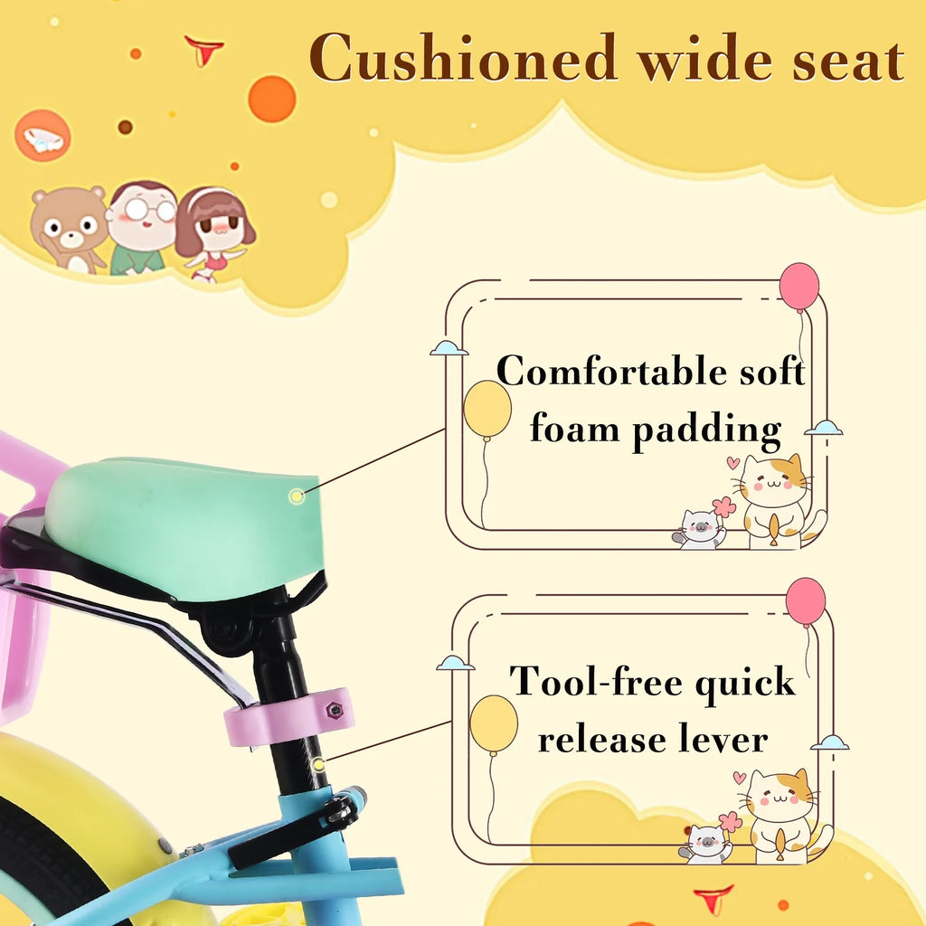 RULLY 14" Kids Bike for 3 4 5 Years Girls 35-47 inch Tall, Girls Toddler Bicycle with Training Wheels, Doll Bike Seat & Coaster Brake, Rainbow Bike, Macarons