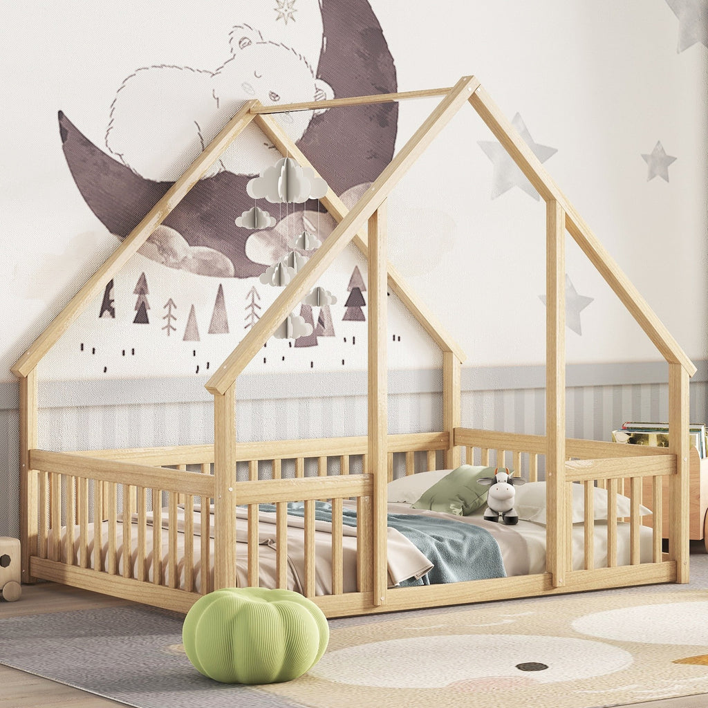 Bellemave Twin Size Floor Bed Frame, Wooden House Bed Twin Size with Fence, Montessori Bed with Guardrails for Bedroom (White)