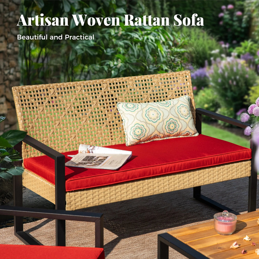 MF Studio 4-Piece All-Weather Rattan Patio Furniture Set, Outdoor Conversation Set with Wood Table, Brown and Beige