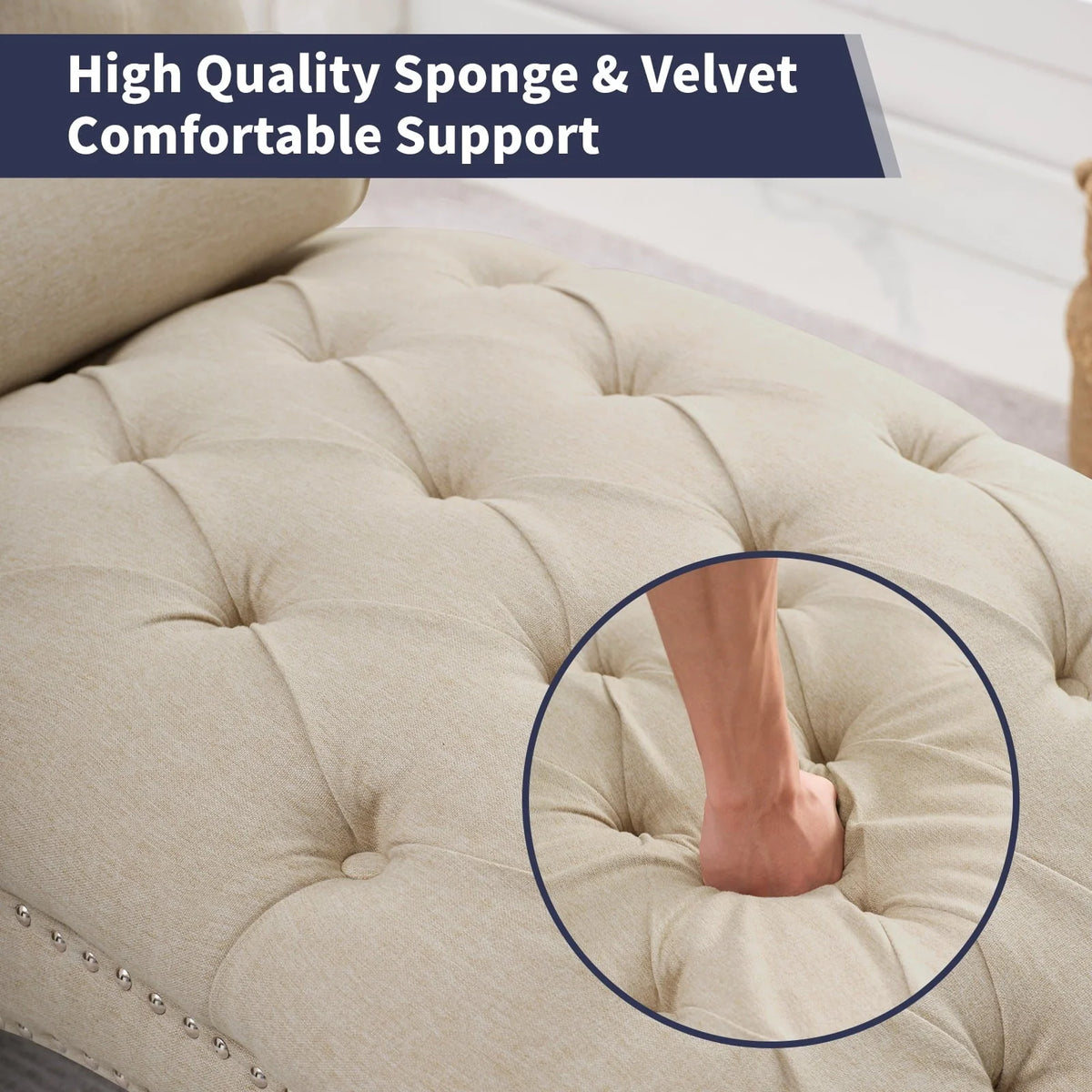 ZAFLY Chaise Lounge Indoor, Lounge Chair with Wood Legs, Leisure Accent Chair, Upholstered Lounge Couch for Bedrooom/Living Room, Beige