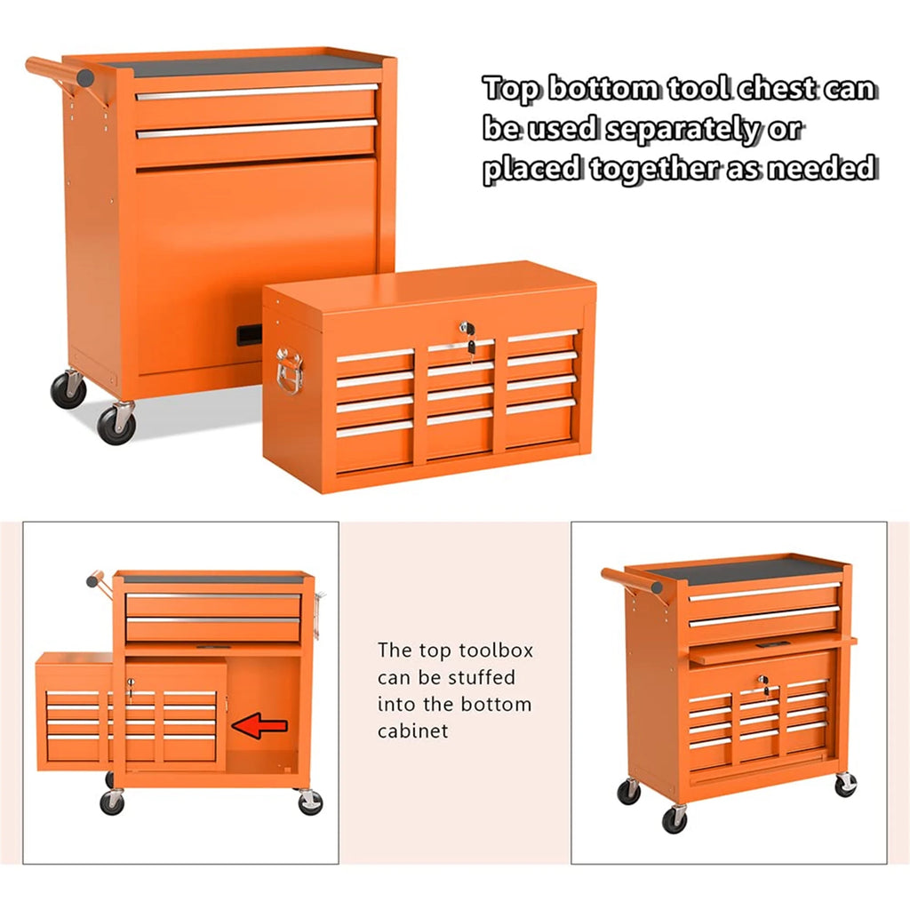 Aukfa Tool Chest, 2 in 1 Steel Rolling Tool Box & Cabinet On Wheels for Garage, 8-Drawer, Orange