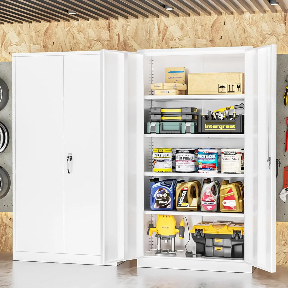 SOLAURA 72 inches Tall Metal Garage Storage Cabinets, Lockable Steel Storage Cabinet with Doors and Adjustable Shelves for Office, Home, Shops, Garage, Assembly Required, Black